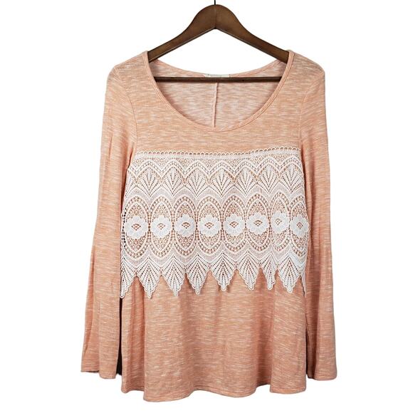 Entro Crochet Trim Top Long Sleeve Jersey Knit Peach White Grandma Scoop Neck- M - Picture 1 of 4